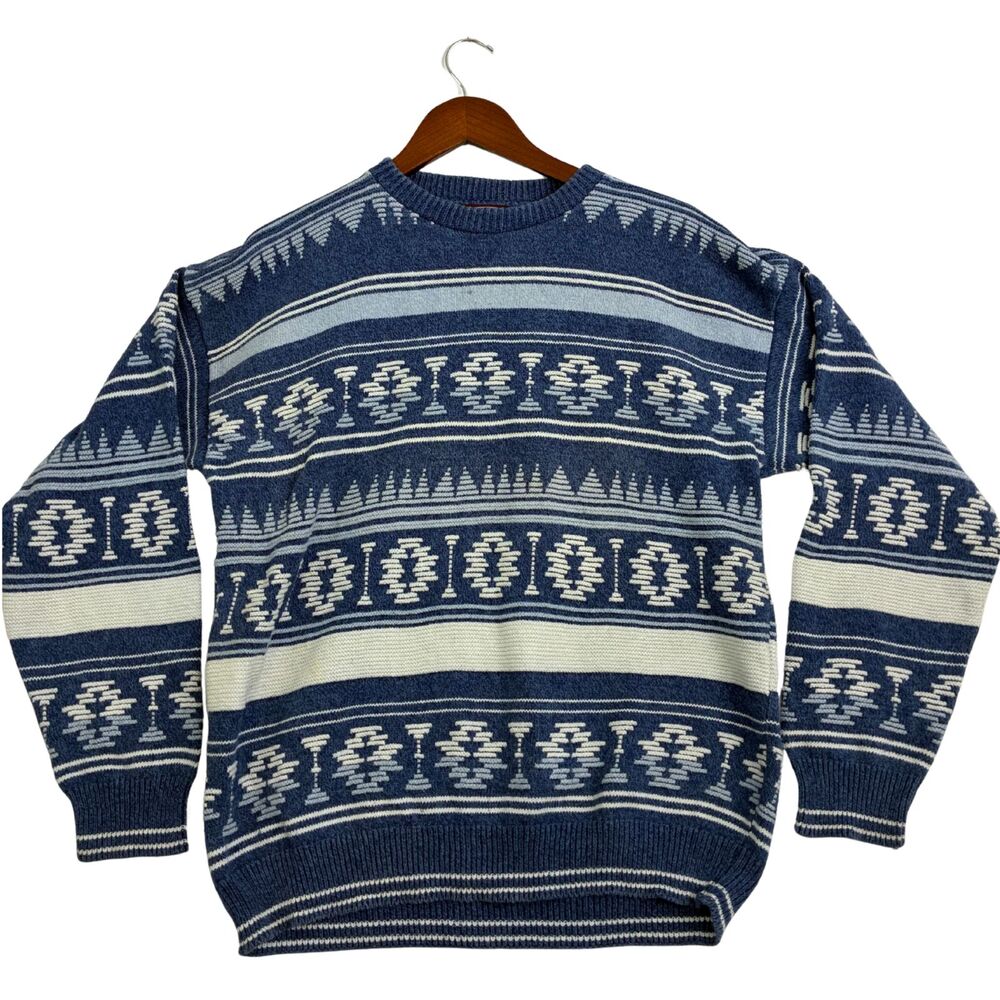Victoria Dry Goods Mens Medium Blue White 100% Cotton Geometric Knit Sweater USA